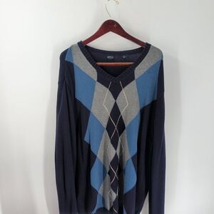 Arrow Long Sleeve Outdoor Tight Knit Argyle V-Neck Pullover Sweater Blue Size XL